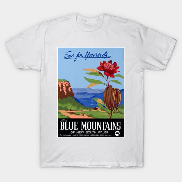 Vintage Travel Poster Blue Mountains See for yourself Australia T-Shirt by vintagetreasure